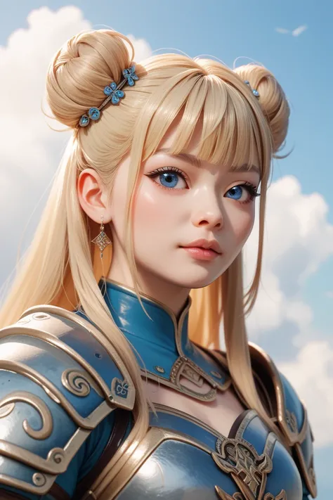 Scandinavian/Asian girl,blonde hair, twin buns with bangs, icey blue eyes. Soft skin. Wearing a mixture of Asian and Viking clothing/armor. Clothing colors Violet, grey,sky blue.