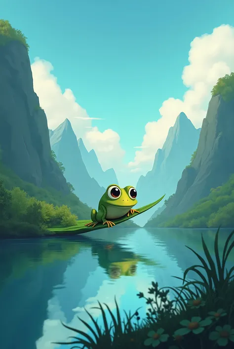 create an animated image about the following:  Once upon a time ,  in the spirit world a small lake surrounded by high mountains ,  where a little frog named Zapi .  Zapi was a cheerful and curious toad who lived on a floating leaf ,  lives where she spent...