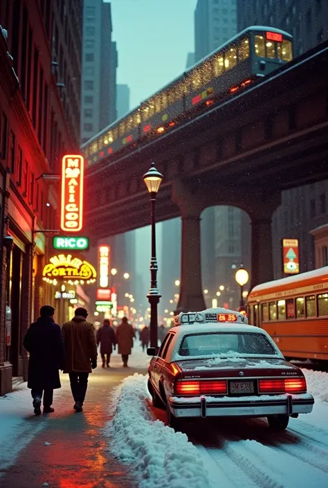 1985 Chicago winter street scene, elevated L train spraying sparks over neon-lit jazz clubs, pedestrians in shearling coats holding Portillo's hot dogs, 'Maxwell Street' sign covered in icicles, CTA bus with 1985 Bears Super Bowl ad, same Oldsmobile from t...