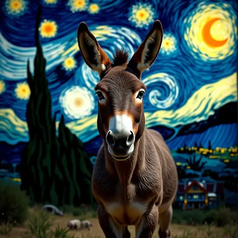 Donkey facing the front with Van Gogh's Starry Night in the background