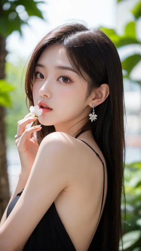 8K RAW photo.Brown
 semi-long hair pulled back.
A tall, young, beautiful Japanese woman with a debauched expression holds a “stemless” white “flower bud” with only the petals in her mouth.
Black cap. Small silver dolphin earrings. Silver ring.