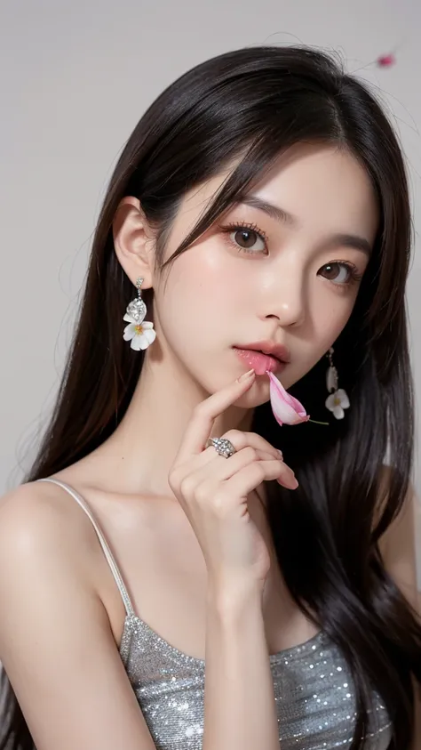 8K RAW photo.Brown
 semi-long hair pulled back.
A tall, young, beautiful Japanese woman with a debauched expression holds a “stemless” white “flower bud” with only the petals in her mouth.
Black cap. Small silver dolphin earrings. Silver ring.