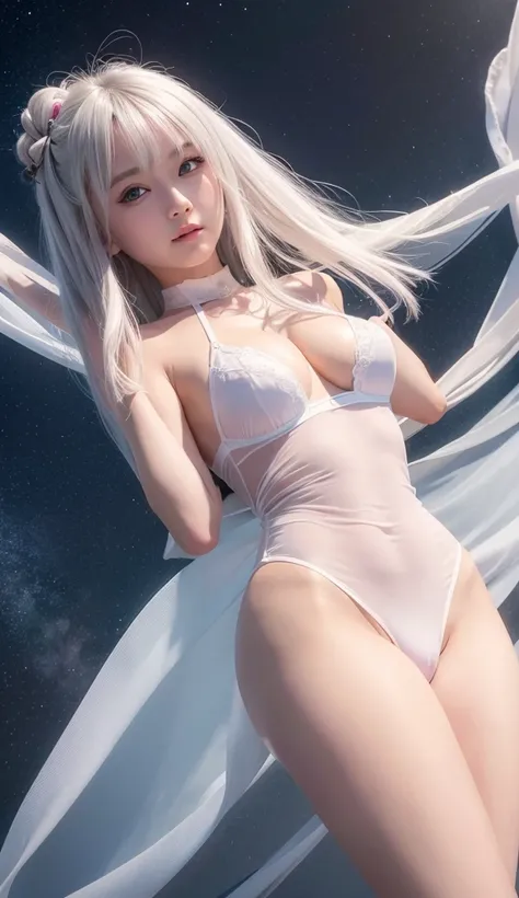 Big Breasts、white hair、 short hair、 blue eyes、 bigger eyes、smile、Tenma-sama、9 heads、 braids、Straight Hair、pink sheer transparent bodysuit、 height 170cm、 waist 57cm、Hips 88cm、Beautiful waistline、Pretty girl、Around 20 years old、The fabric is ultra-thin 、 rai...