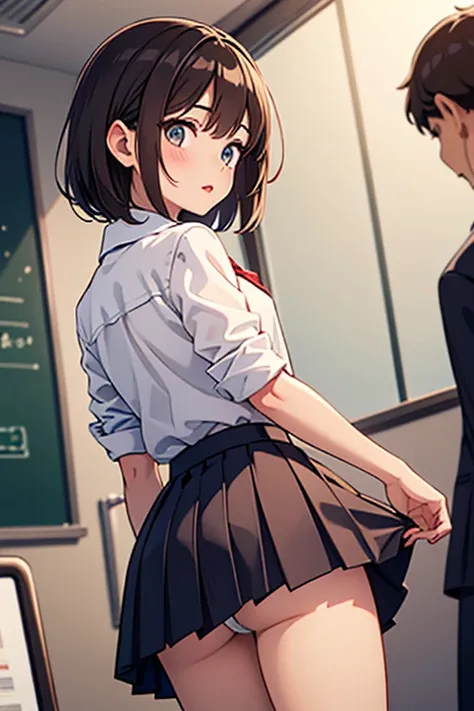 back view, focus on her ass, school uniform, short pleated skirt, white shirt, white panty,, small breasts, thin waist, slender body, short brown hair, beautiful detailed eyes, beautiful detailed lips, beautiful detailed nose,