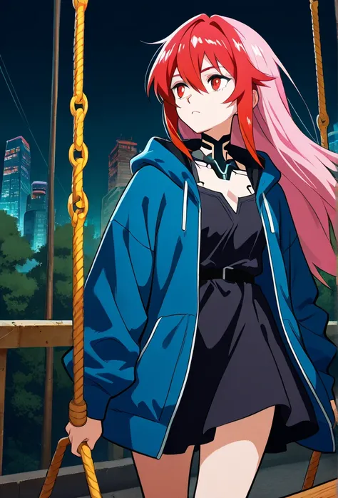 Anime girl with hair Shocking pink hair with Red highlights wearing a shark hoodie dress,  a woman with red hair and a black blouse standing in a city  ,    a portrait of a character inspired by Ryūsei Kishida   ,   winner of the pixiv contest,   Digital A...