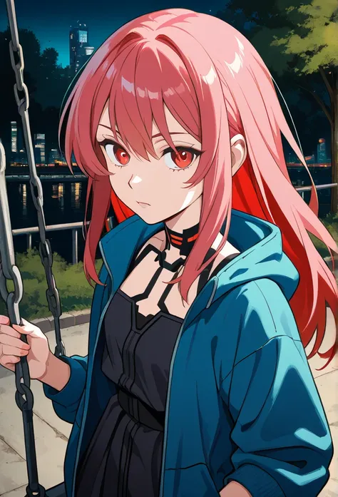 Anime girl with hair Shocking pink hair with Red highlights wearing a shark hoodie dress,  a woman with red hair and a black blouse standing in a city  ,    a portrait of a character inspired by Ryūsei Kishida   ,   winner of the pixiv contest,   Digital A...