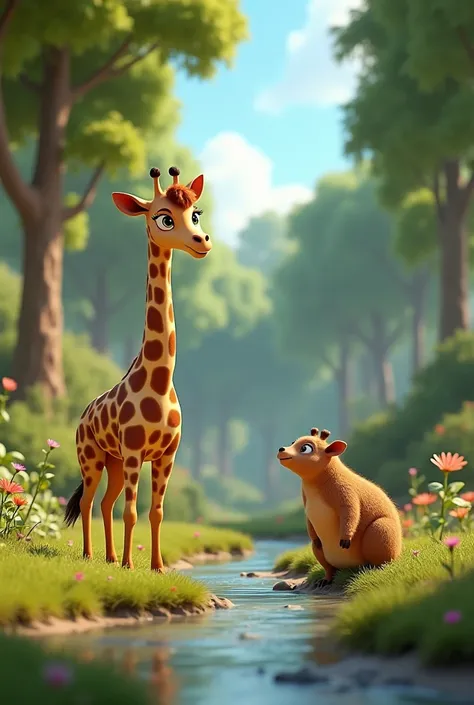 in 3D Pixar , I want a male giraffe and a female capybara 