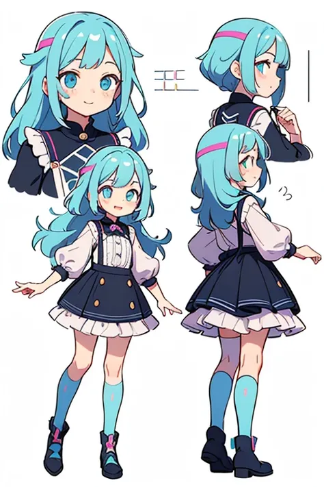 A cute but slightly clumsy female character with a futuristic, elegant style. She has long, flowing hair with digital accents and holographic highlights. Her eyes are bright and expressive, reflecting a sense of wonder and playfulness. Her outfit is a mix ...