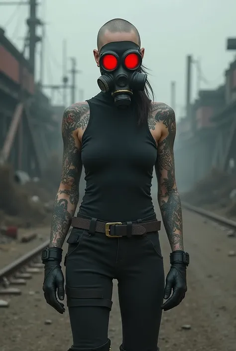 A woman wearing a gas mask and black clothes with red lenses and without hair and tattoos on her face 