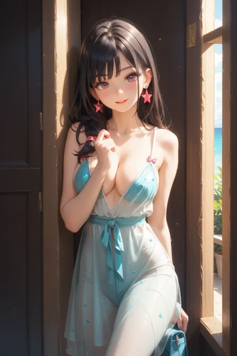  breasts are big,Pichi Pichi, Hi-Res,  Hi-Res,  high quality model,  high quality,  earrings,  Glitter Effect ,  8k octane , cleavage, squishke , see-through,