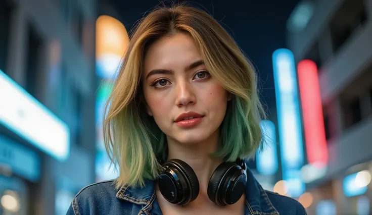 whole body、 low angle、Denim jacket、 beautiful collarbone 、美しいprofile、The best photos for TikTok、gold and green hair 、 sink、profile、 green inner color hair、 short hair、Beauty、 Dynamic Angle 、ヘッドフォンをしているBeauty、Night city background with neon lights