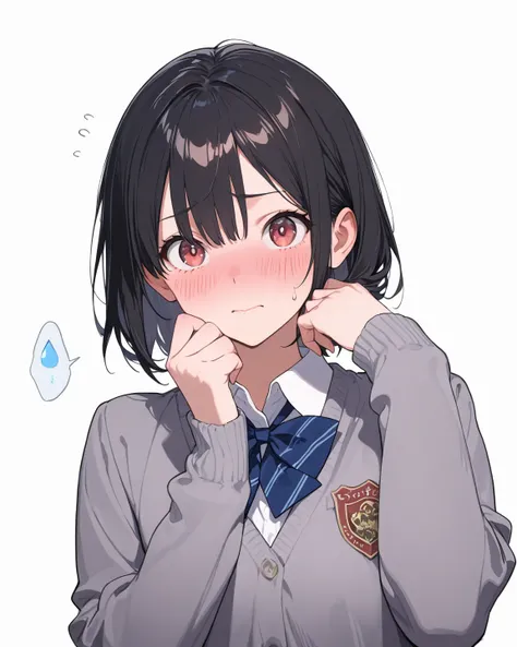 Ultra detailed, best quality, insanely detailed, beautiful, masterpiece, upper body, 1 girl, 99mix, looking at viewer, sanpakugan, medium short hair, black hair, School Uniforms, (white background:1.2), embarrassed, sweatdrop, blush, 