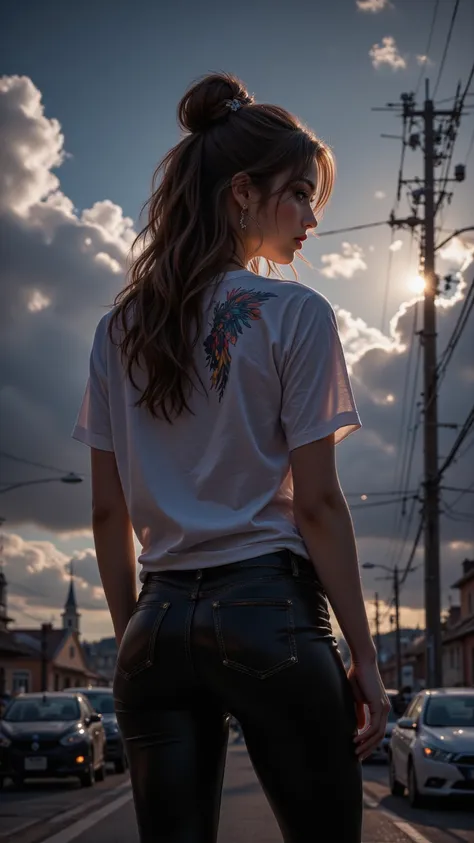  A woman wearing a loose white T-shirt and tight black pants ，Back tight-fitting pose showing shoulder tattoo 、 highlighting voluminous features of a woman ， with a detailed illuminated Nissan antenna under dynamic clouds。