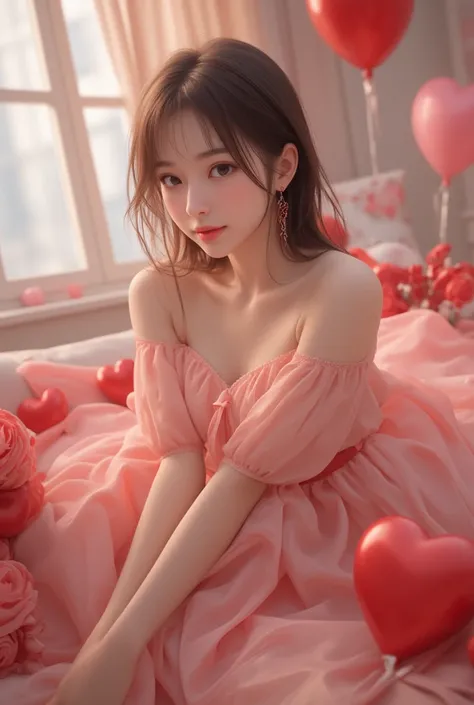  The scene is depicted in an amazingly realistic 32K ultra-high resolution ,   super quality,   The sharp details and vivid texture stand out  ,  A realistic Valentine's Day themed image of a beautiful Japanese woman .  Stunning photography depicting many ...