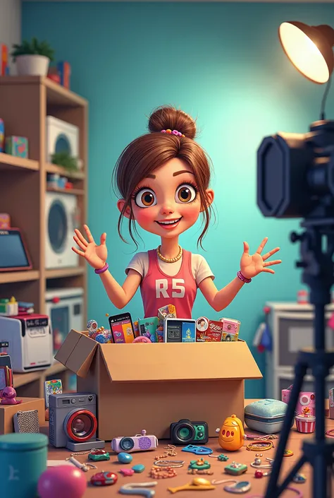 Cartoon woman selling electronics, jewelries, appliances, and toys from a big brown box inside a room with camera and lightings.