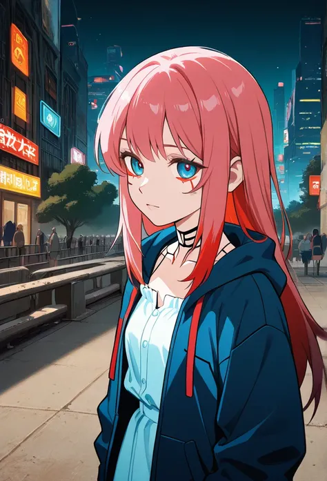  anime girl with hair Shocking pink hair with Red highlights wearing a white dress with a shark hoodie,  a woman with red hair and a white blouse with a shark hoodie standing in a city  ,    a portrait of a character inspired by Ryūsei Kishida   ,   winner...