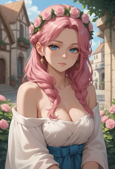  Beautiful Loli-looking goddess with long straight pink hair and sleepy sky blue eyes, wearing a Greek robe with a wreath of flowers on her head in a village . 