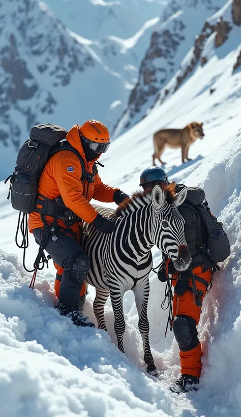 Zebra Rescued by Climbers
On a snowy mountain pass, a team of mountaineers in bright winter gear works to rescue the stranded zebra. The climbers use ropes and pulleys to help the zebra climb out of a deep snowdrift. The zebra, visibly exhausted but cooper...