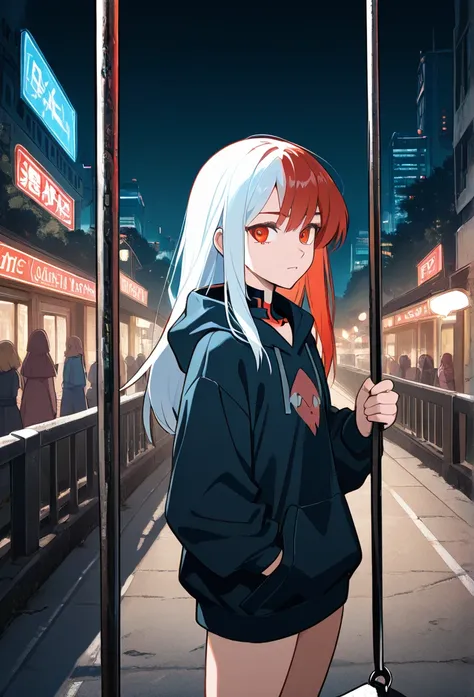 anime girl with white hair and shark hoodie, a woman with red hair and a black blouse standing in a city ,   a portrait of a character inspired by Ryūsei Kishida  ,  winner of the pixiv contest,  Digital Art , cyberpunk anime girl, badass anime 8 k, female...