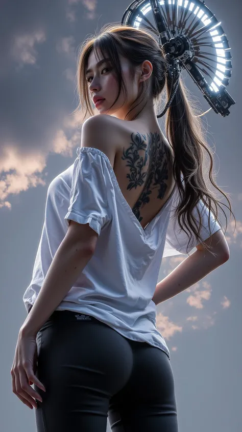  A woman wearing a loose white T-shirt and tight black pants ，Back tight-fitting pose showing shoulder tattoo 、 highlighting voluminous features of a woman ， with a detailed illuminated Nissan antenna under dynamic clouds。