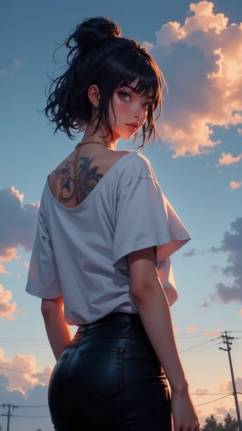  A woman wearing a loose white T-shirt and tight black pants ，Back tight-fitting pose showing shoulder tattoo 、 highlighting voluminous features of a woman ， with a detailed illuminated Nissan antenna under dynamic clouds。