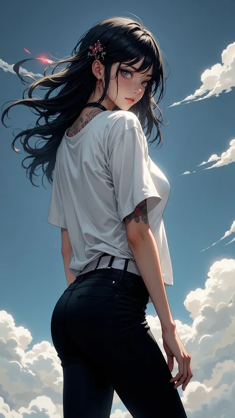  A woman wearing a loose white T-shirt and tight black pants ，Back tight-fitting pose showing shoulder tattoo 、 highlighting voluminous features of a woman ， with a detailed illuminated Nissan antenna under dynamic clouds。