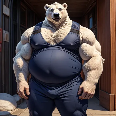 Koslov (polar bear,  Huge Belly,  tall height (  1000 lb : 1.1 ), huge body,  fluffy ,  hairy,  big, chubby cheeks , ),  man bodyguard, bodyguard uniform ,  tight clothing,  Fully dressed  