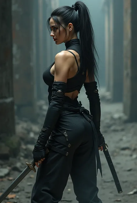 A very beautiful female ninja, perfect busty body, in female ninja clothes, makeup and accessories fit to the theme.