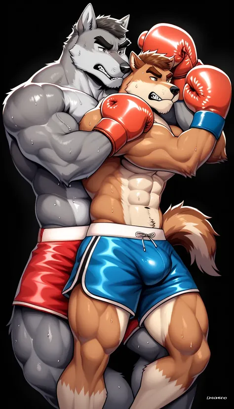 Duo anthro male(anthro Gray Wolf vs anthro furry Brown Wolf), handsomes(handsome hairstyles, Thick eyebrows, detailed face), gay(Lying down on his back Cuddling embraced from behind, choke hold, painful expression, only mid body, on a boxing match, black b...