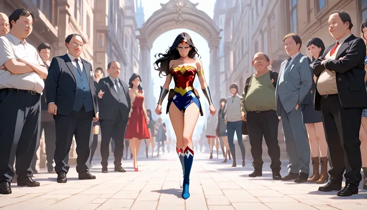 Masterpiece, high definition, beautiful face、 Accurate Wonder Woman costume and boots、  A very ugly boy stands in front of Wonder Woman、 Wonder Woman looks down on an ugly boy 、 The boy is a small  、The boy is fat 、