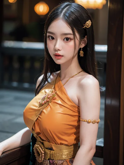 European girl , big breasts , Thaidress , (orange sabai:1.4)