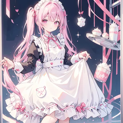 masterpiece, best quality,   1girl  , Maid clothes、 whipped cream 、 idol skirt、 pink skirt 、 twin tails、 red ribbon、 smiles, Maid、 apron