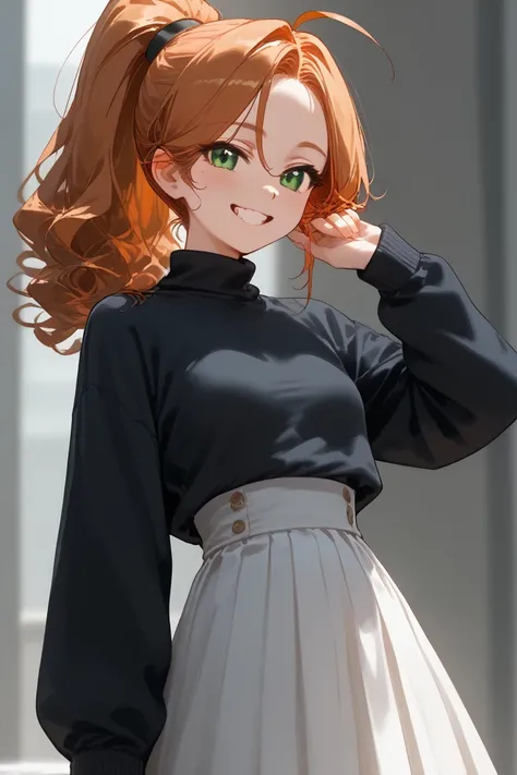 1girl, green eyes (round eyes), ginger hair (ponytail (high ponytail), small ahoge, curly hair, ((half-up half-down hair))), grin, happy smile, mole, small breasts, black sweater, white skirt (long skirt), petite