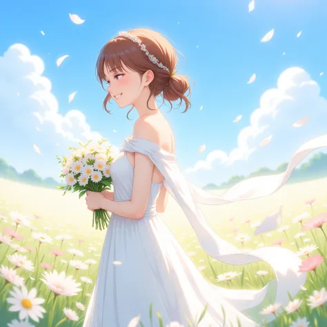 (a woman is standing) (side view of woman) (wearing a white wedding dress) (A field of flowers, blue sky) Beautiful anime style portrait, Detailed portrait of beautiful anime style girl, 
Beautiful anime style portrait, Beautiful anime woman, 
Digital anim...