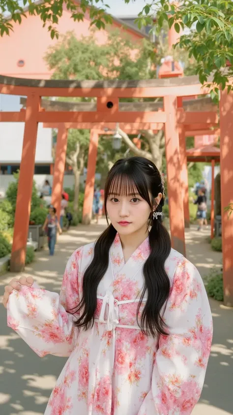 "A young Japanese woman wearing a beautifully detailed kimono with cherry blossom patterns, standing under a red torii gate in Kyoto. Her hair is styled in an elegant updo with traditional kanzashi hairpins. The background features a serene temple with sof...