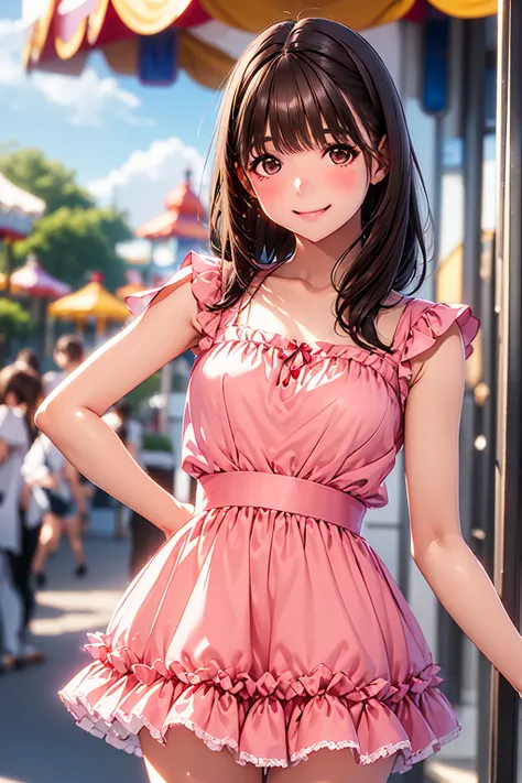  Masterpiece,  top quality,  Hi-Res, anxiety, Glittering Brown Hair , Shortcut,(((  detailed brown eyes ))), cute pink frill dress, v sign,  Amusement Park, smile,  is standing