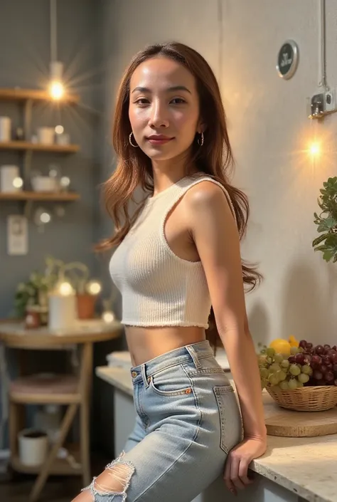 Close-up of a sexy Korean woman in a white crop tank top and shorts. She has a large, round, attractive chest as she stands amidst the sounds of a brightly lit kitchen. Her long hair is tied back like silk, and her ripped jeans reveal her waist. She is dre...