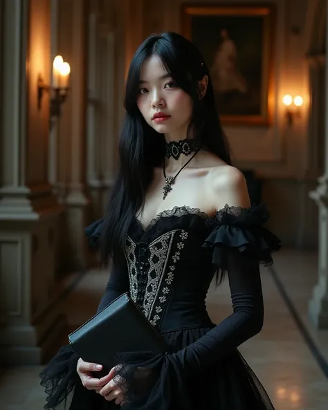 High Resolution, Cinematic, Photorealistic, Portrait Photography of a short 18 year old victorian era aristocractic gothic WOMAN with jet-black hair, straight and falling past her waist, with subtle silver threading at the ends. Her piercing, monolid, pink...