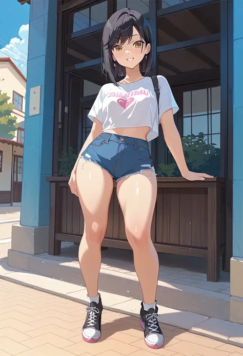 Ichijo Hotaru( Non Non Biyori )、 black hair bob hair、Half sleeves、blue denim shorts、白shoes下、shoes、 angle from before、Wide Hips 、smile