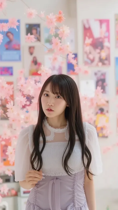 "A cute young Japanese girl with big expressive eyes and long twin tails, wearing a pastel-colored frilly dress, inspired by anime aesthetics. She stands in a dreamy, colorful cityscape with soft lighting and floating cherry blossoms."




















...