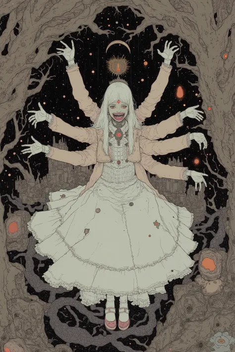 fish eye、from above、 Surrealist Paintings Inspired by Johann Jonkind 。 wearing a white dress 、Surrealist painting inspired by a woman with lots of arms growing from her back , Indian Goddess ,  Pexel Contest Winner ,   Surrealism , Haunted , Dark Goddess w...