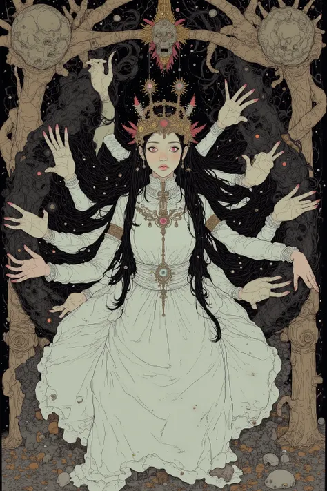 fish eye、from above、 Surrealist Paintings Inspired by Johann Jonkind 。 wearing a white dress 、Surrealist painting inspired by a woman with lots of arms growing from her back , Indian Goddess ,  Pexel Contest Winner ,   Surrealism , Haunted , Dark Goddess w...