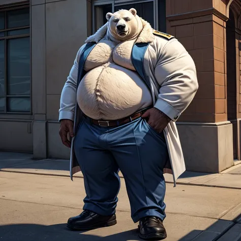 Koslov (polar bear,  Huge Belly,  tall height (  1000 lb : 1.1 ), huge body,  fluffy ,  hairy,  big, chubby cheeks , ),  man bodyguard, Ganster uniform ,  Fully dressed  