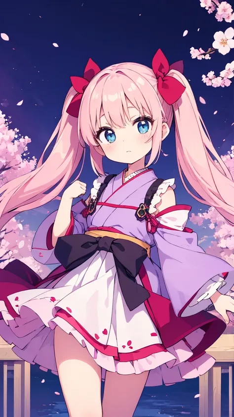 "A cute young Japanese girl with big expressive eyes and long twin tails, wearing a pastel-colored frilly dress, inspired by anime aesthetics. She stands in a dreamy, colorful cityscape with soft lighting and floating cherry blossoms."




















...