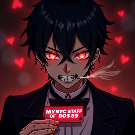 art anime men face angry smoking eyes glow.posing facing the camera, wearing tuxed, braces, punk, hold glow cardname  with text " MYSTC STAFF OF BOS89" Background casino. tatto in cheeck, metal piercings. black hair, digital art, adorable face, flawless sk...