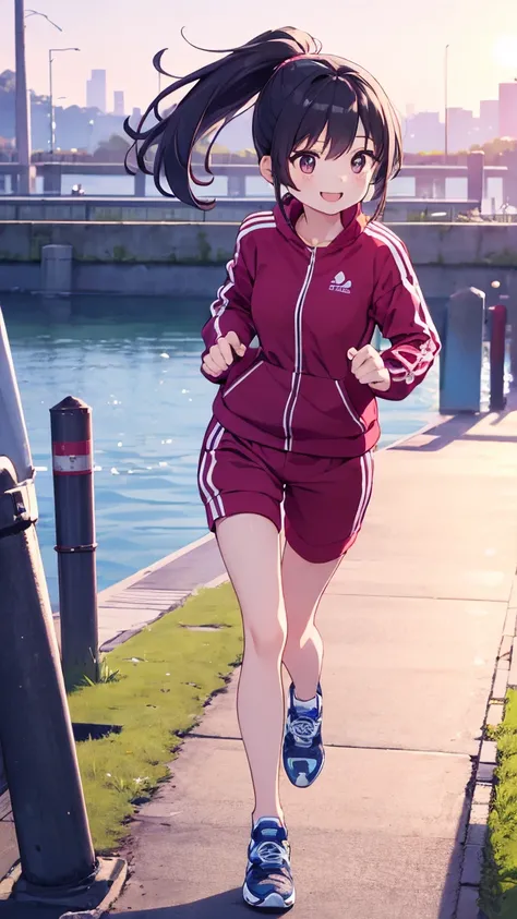 "A fit and energetic young Japanese woman with a ponytail, wearing a sporty tracksuit and running shoes, jogging along a scenic riverside park in the morning. The fresh air and the rising sun create a refreshing atmosphere as she smiles with determination....