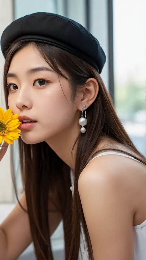 8K RAW photo.Brown
 semi-long hair pulled back.
A tall, young, beautiful Japanese woman with a debauched expression holds a “stemless” white “flower bud” with only the petals in her mouth.
Black cap. Small silver dolphin earrings. Silver ring.