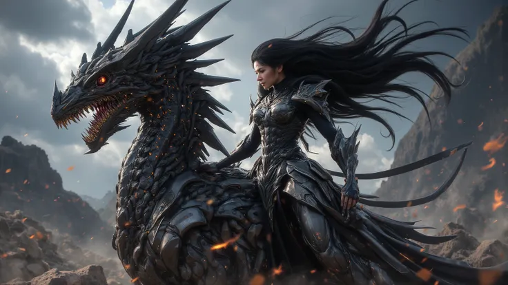  captures the tension of a warrior standing on a mythical dragon， shows courage and determination in a fantasy battlefield 。 with black flowing hair and a fierce expression ，This scene conveys the essence of heroic adventure 。