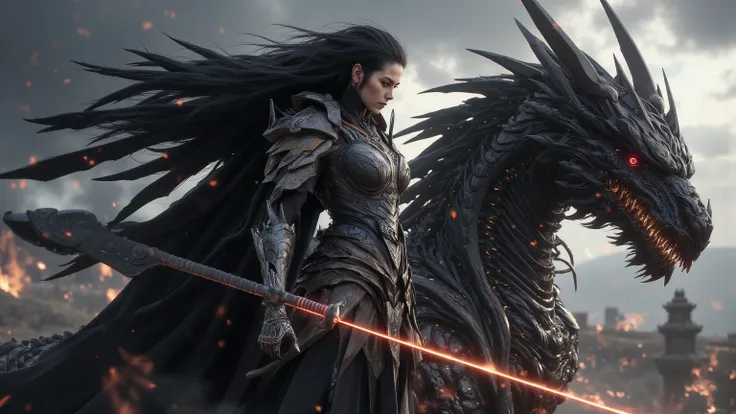  captures the tension of a warrior standing on a mythical dragon， shows courage and determination in a fantasy battlefield 。 with black flowing hair and a fierce expression ，This scene conveys the essence of heroic adventure 。