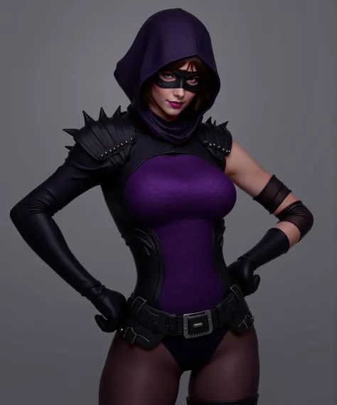 ashgflx, A fierce and mysterious female superheroine. Brown hair, bob cut style, short hair.  She wears a deep purple hood that partially covers her face, seamlessly extending into a sleek, matching purple eyes mask that conceals her eyes, purple eyes, add...